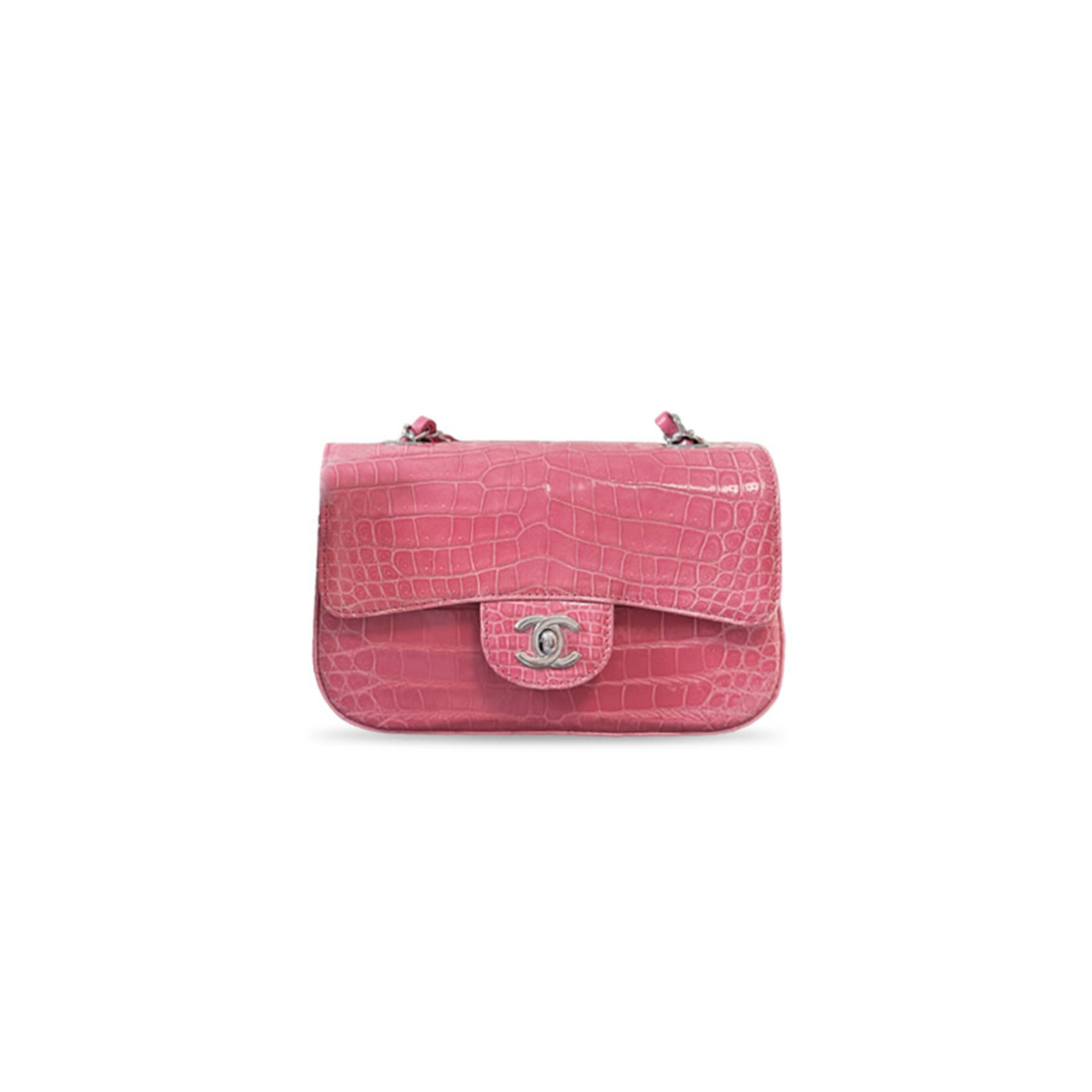 CHANEL MASTER PINK ALLIGATOR CLASSIC DOUBLE FLAP BAG FEATURING SILVER HARDWARE (20*12*6cm) 